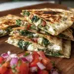 Mediterranean spinach feta quesadillas served on a plate with fresh herbs