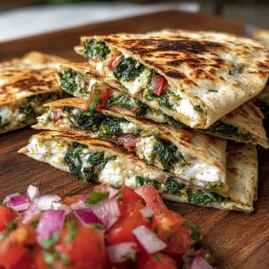 Mediterranean spinach feta quesadillas served on a plate with fresh herbs