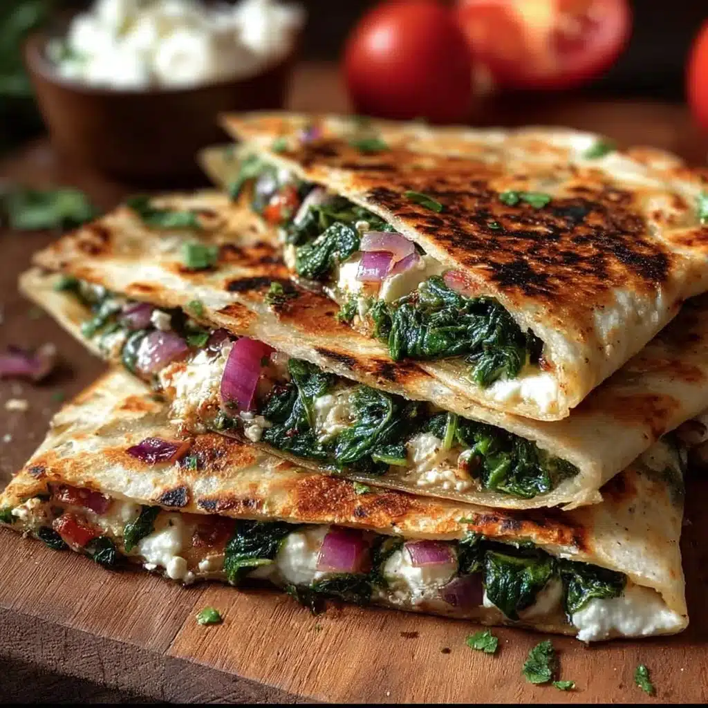 Mediterranean Quesadillas with Spinach, Feta, Mozzarella, and Red Onion