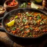 Delicious bowl of Mexican lentils with spices and herbs