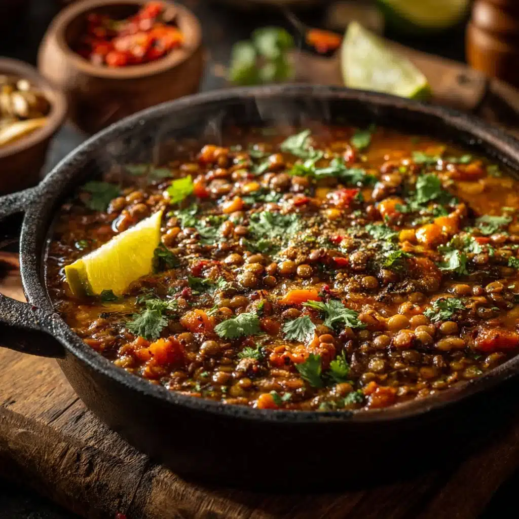 Delicious bowl of Mexican lentils with spices and herbs