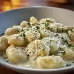 Delicious Millionaire Gnocchi served in a creamy sauce with herbs.