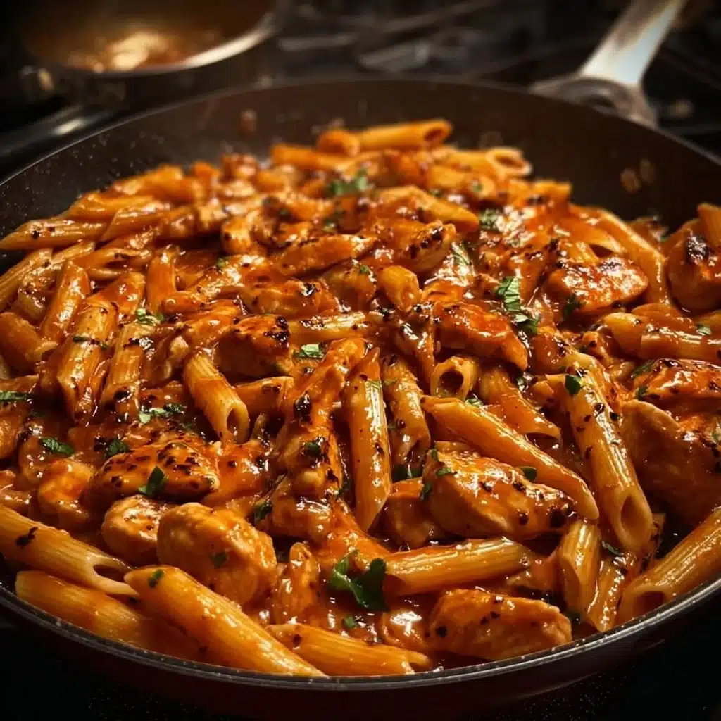 One-Pan Tangy Honey BBQ Chicken Penne dish with pasta and BBQ chicken