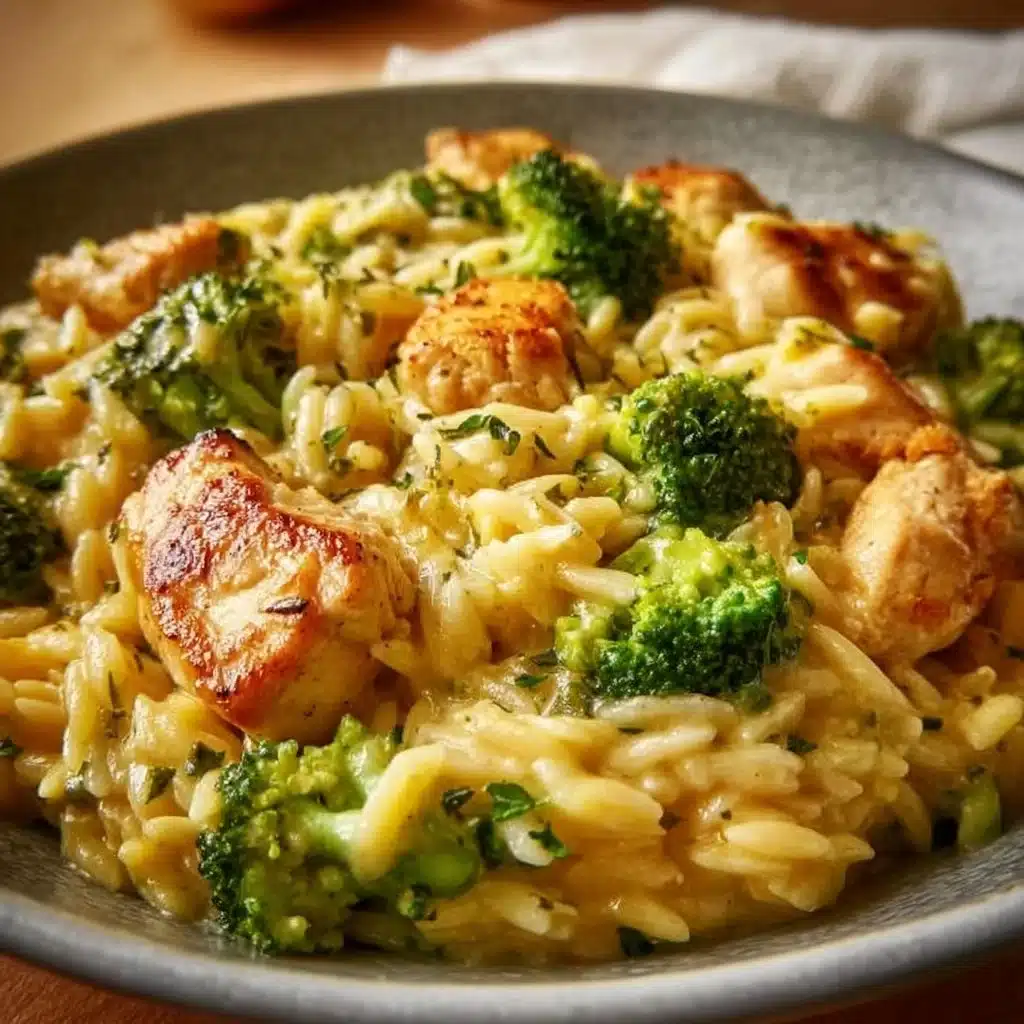 One-Pot Cheesy Chicken and Broccoli Orzo dish with chicken, broccoli, and cheese.