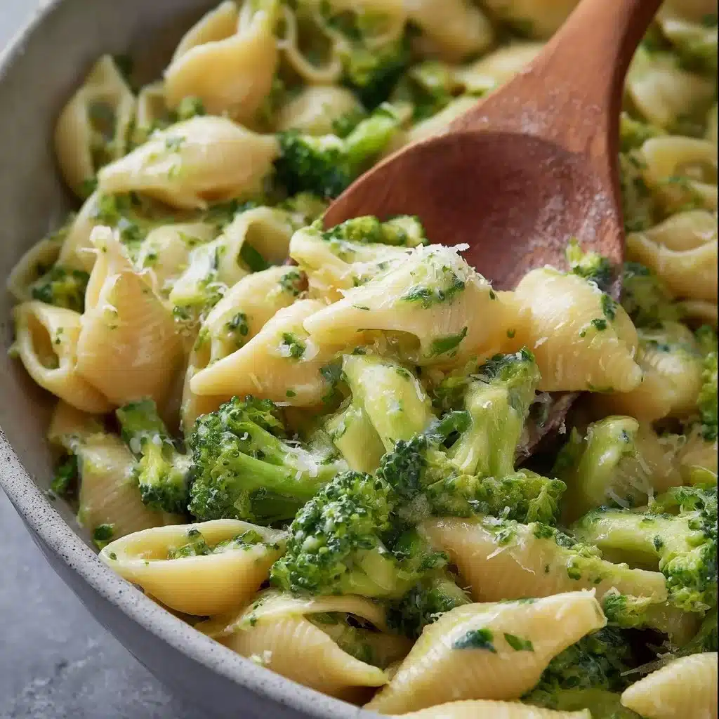 One-pot healthy broccoli mac and cheese dish with broccoli florets and pasta