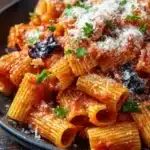 Delicious Pasta alla Norma with eggplant and tomato sauce on a plate