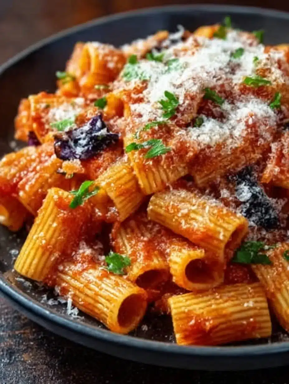 Delicious Pasta alla Norma with eggplant and tomato sauce on a plate