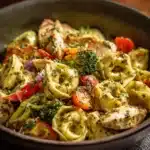 Delicious Pesto Chicken Tortellini with fresh vegetables on a plate