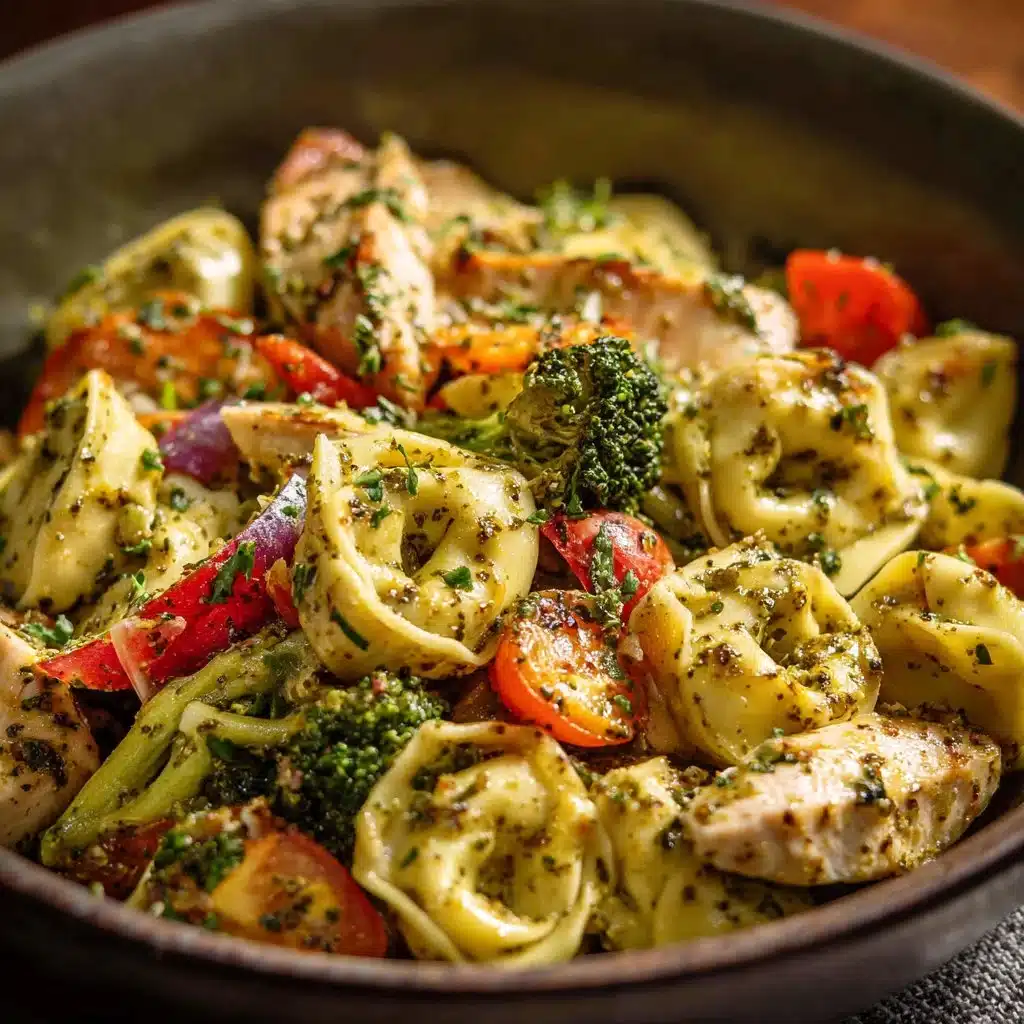 Delicious Pesto Chicken Tortellini with fresh vegetables on a plate