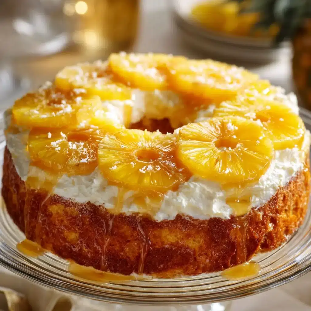 Slice of Pineapple Angel Food Cake topped with fresh pineapple and whipped cream