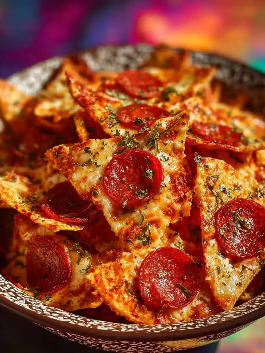 A bowl of crispy Pizza Chips served with dipping sauce for a tasty snack experience.