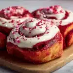 Red Velvet Valentine's Day cinnamon rolls topped with cream cheese frosting