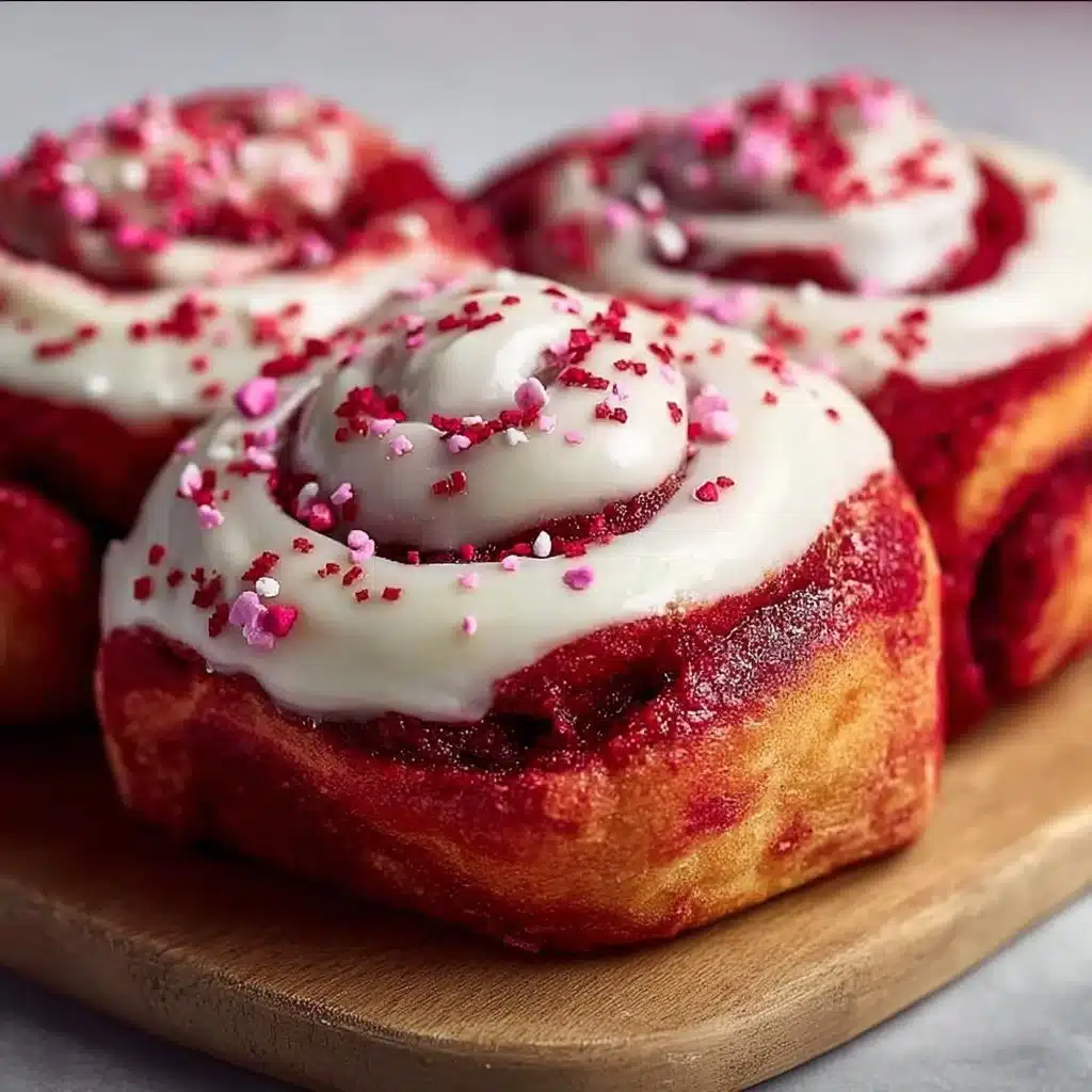 Red Velvet Valentine's Day cinnamon rolls topped with cream cheese frosting