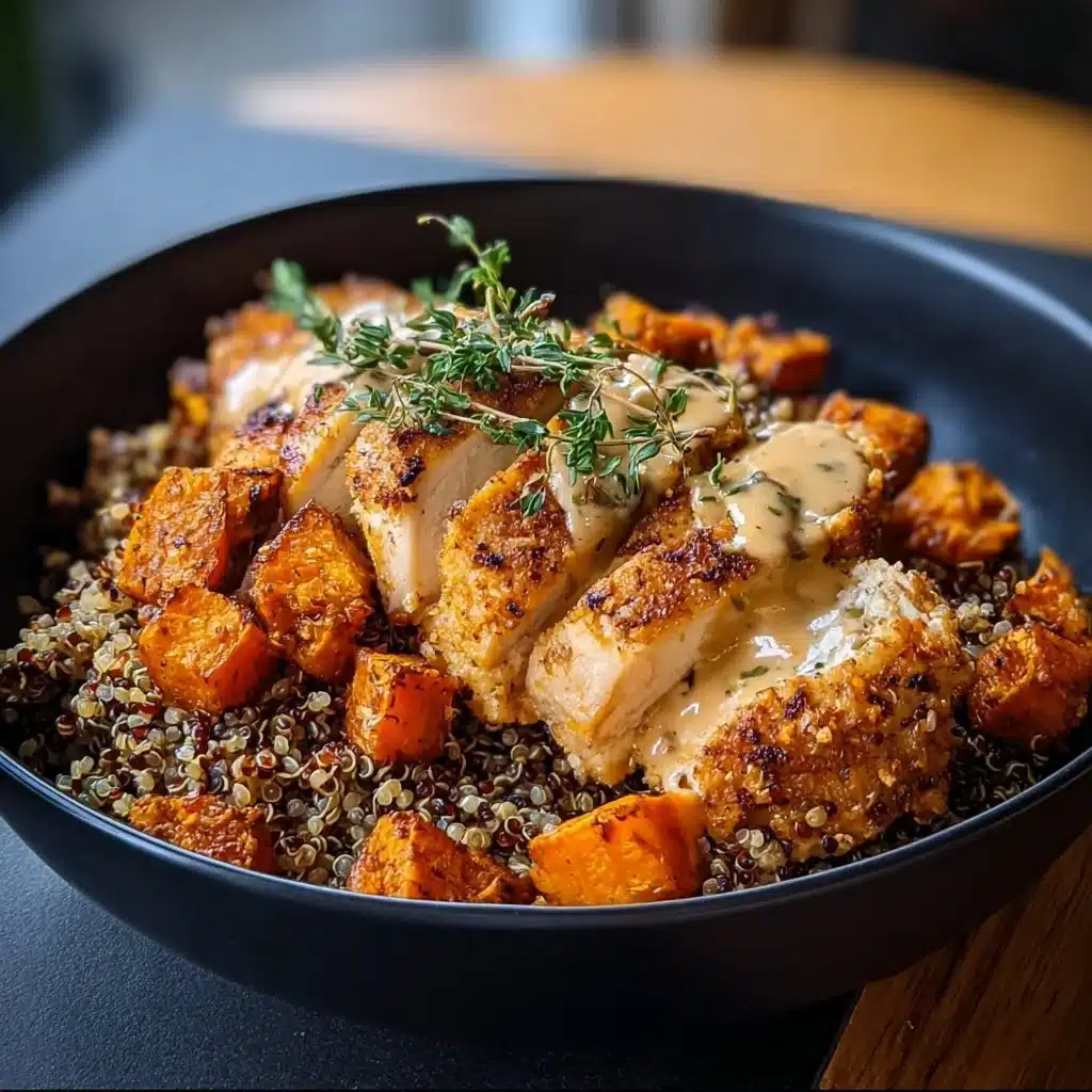 Roasted sweet potato chicken and quinoa bowl garnished with fresh herbs