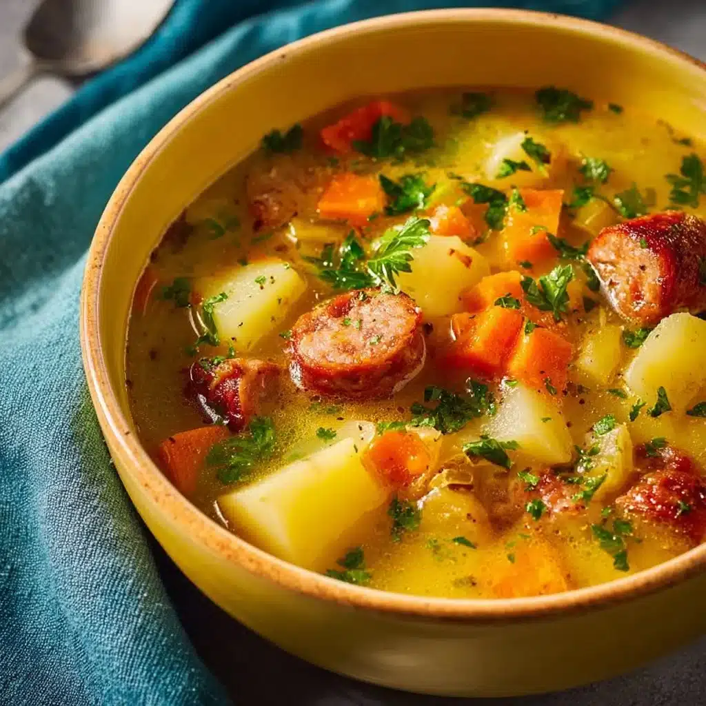 A delicious bowl of German potato soup with sausage, garnished with herbs