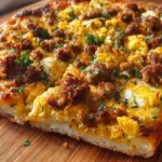 Delicious Sausage Breakfast Pizza topped with savory sausage and fresh eggs.