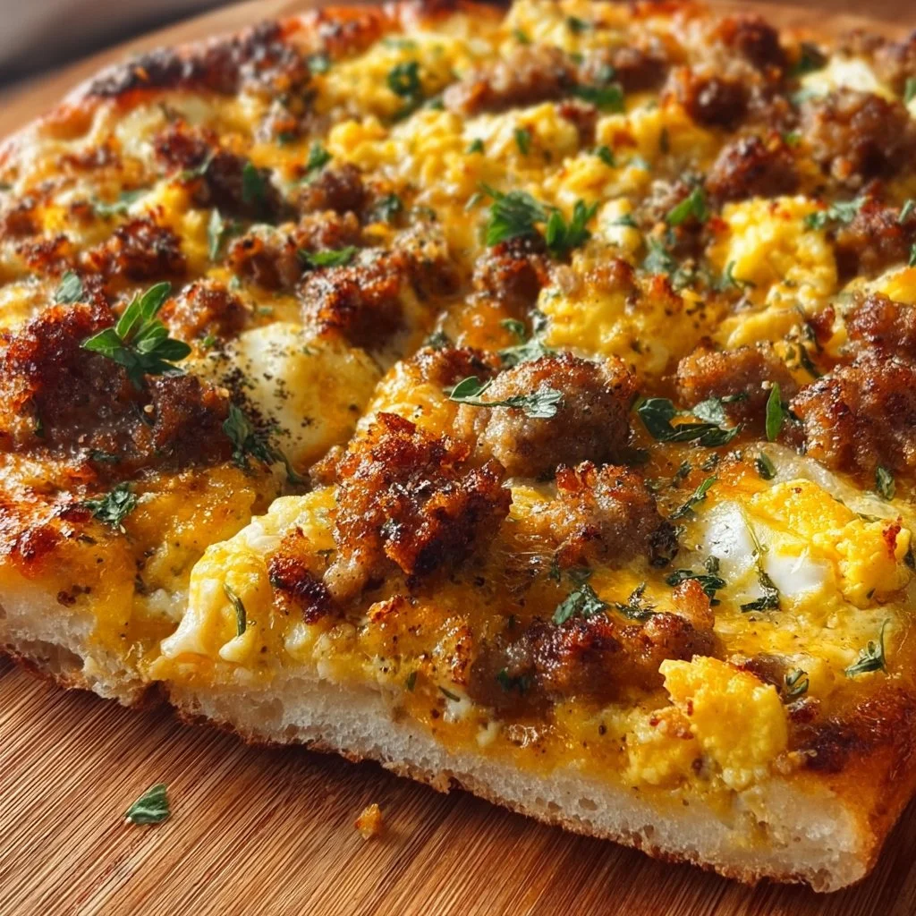 Delicious Sausage Breakfast Pizza topped with savory sausage and fresh eggs.