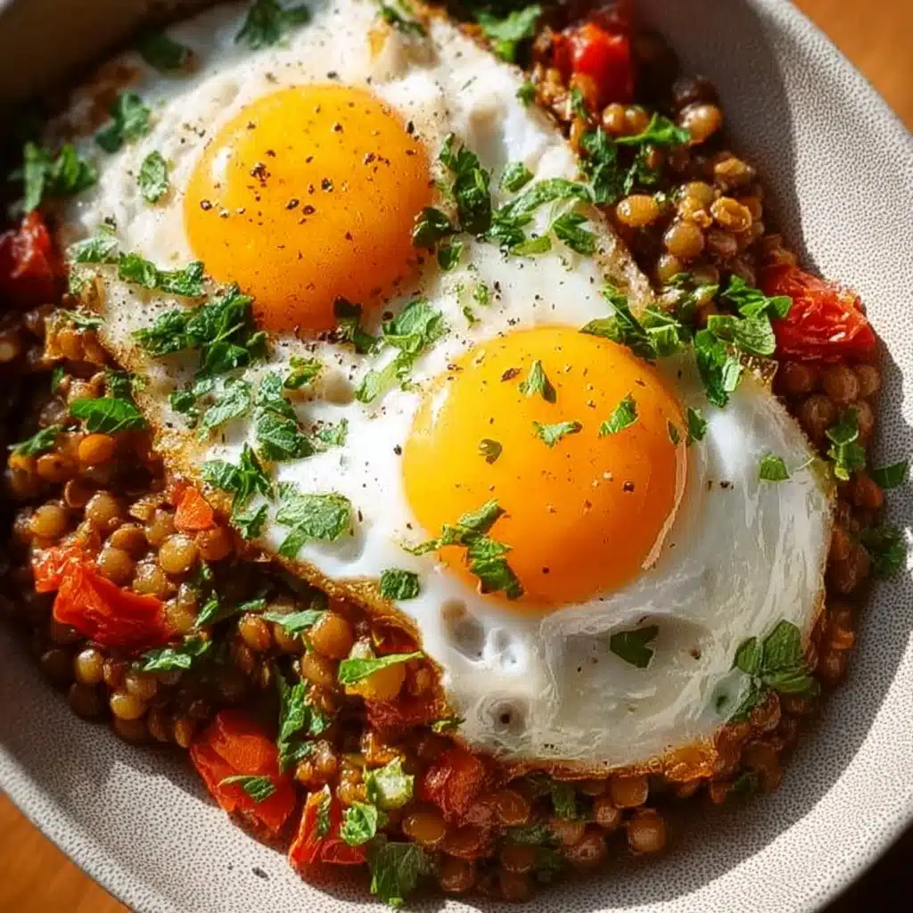 Savory lentil breakfast bowl topped with fresh vegetables and spices