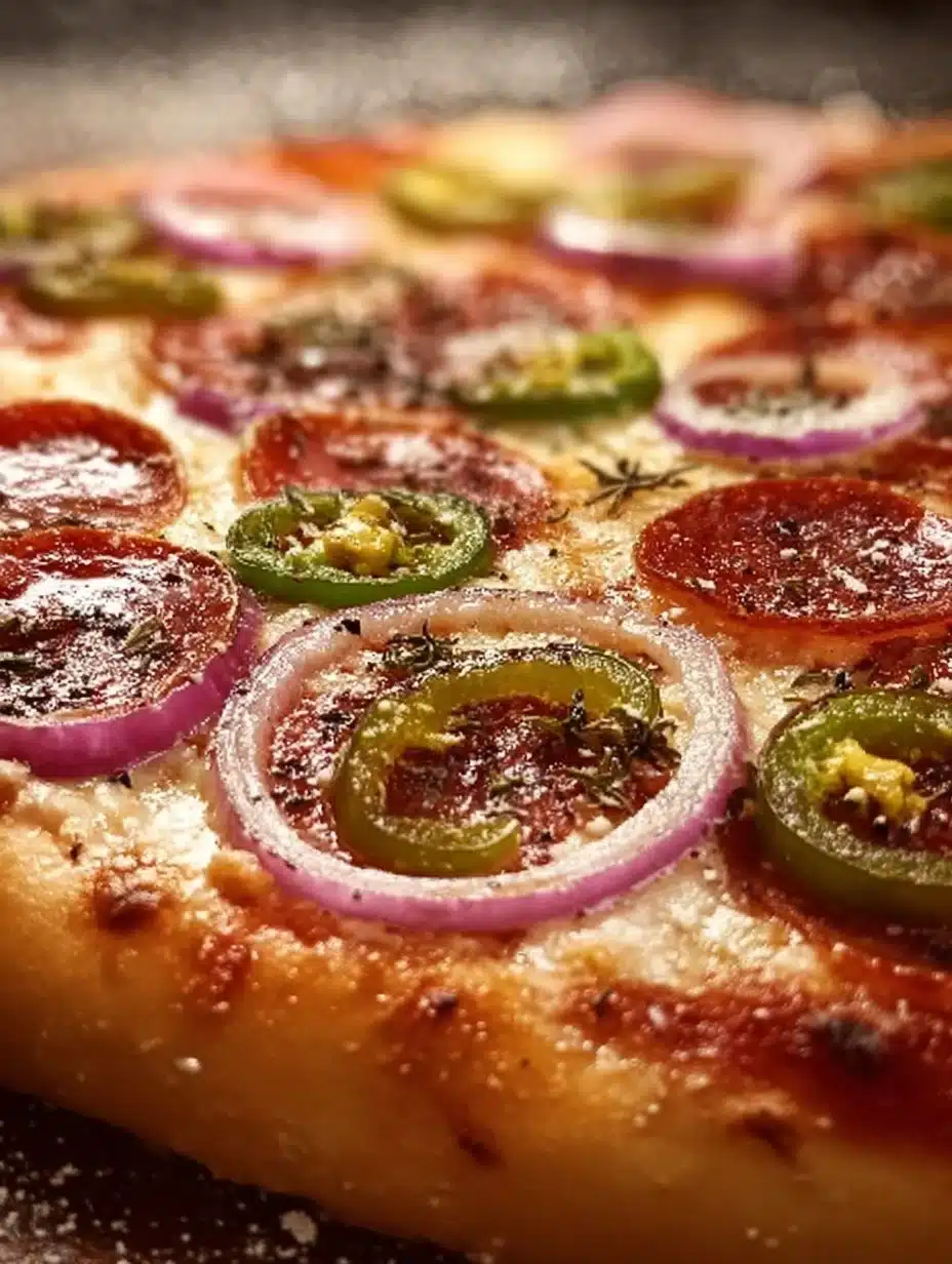Savory pepperoncini and onion vegetarian pizza on a wooden table