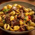 Savory steak bites served with shell pasta in a gourmet presentation