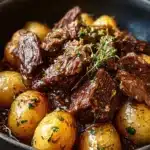Slow Cooker Garlic Butter Beef with Potatoes served in a bowl