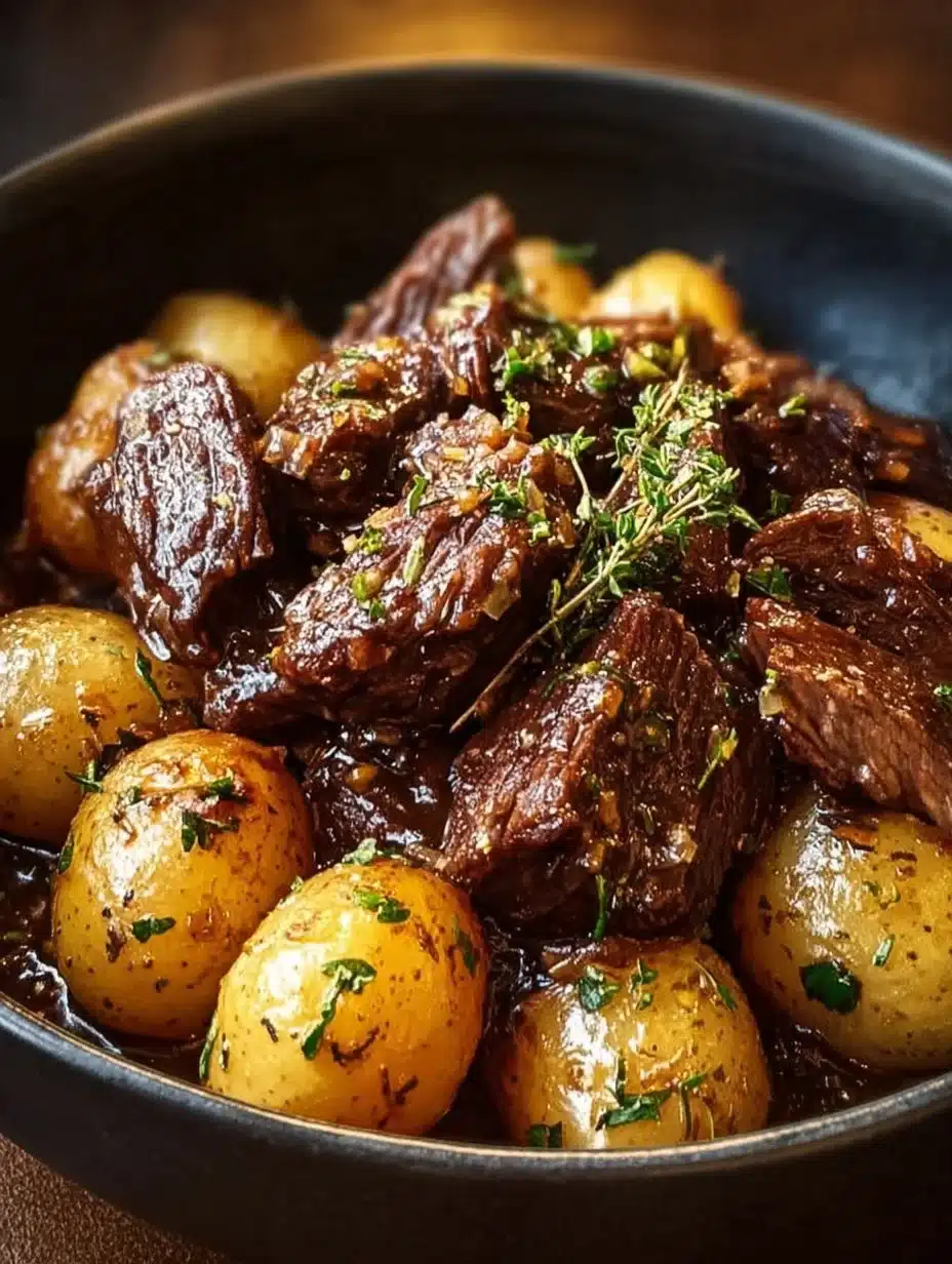 Slow Cooker Garlic Butter Beef with Potatoes served in a bowl
