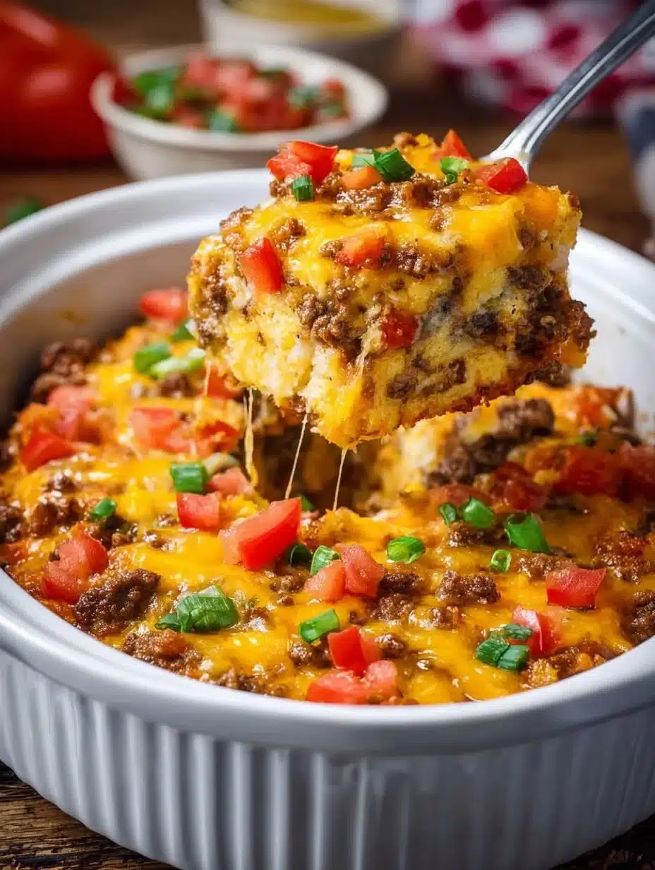 Slow Cooker John Wayne Casserole served in a bowl with toppings