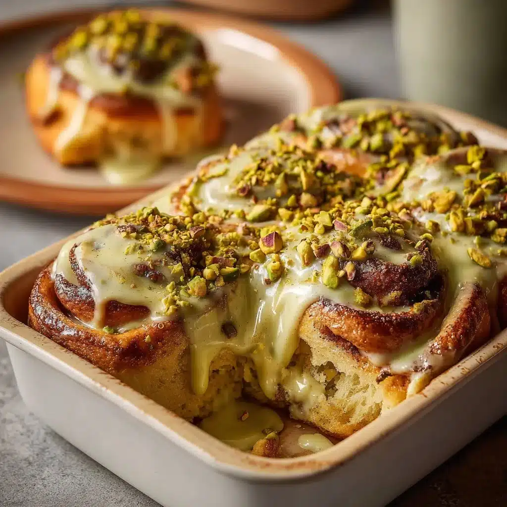Delicious small batch pistachio cream cinnamon rolls drizzled with frosting.