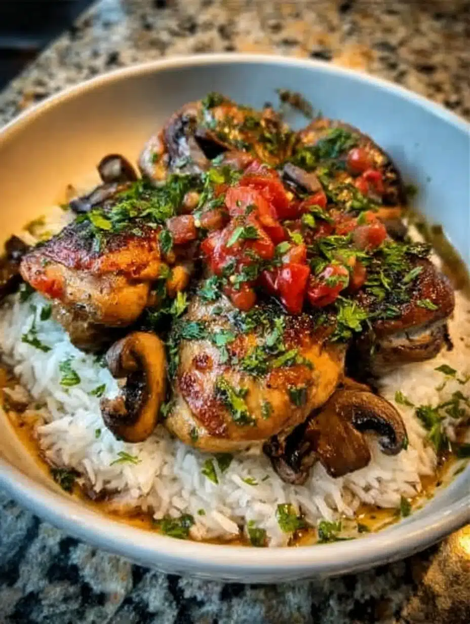 Spicy chicken thighs garnished and served with coconut rice.