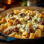 Delicious Steak & Blue Cheese Rigatoni Bake served in a creamy sauce