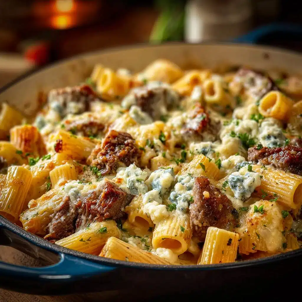Delicious Steak & Blue Cheese Rigatoni Bake served in a creamy sauce