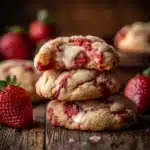 Strawberry cheesecake cookies topped with fresh strawberries and creamy frosting