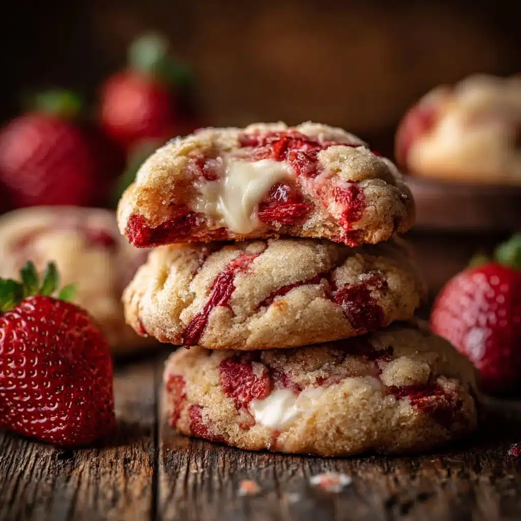 Strawberry cheesecake cookies topped with fresh strawberries and creamy frosting