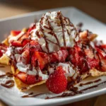 Delicious strawberry cheesecake nachos topped with fresh strawberries and cheesecake drizzle.