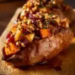 Stuffed sweet potatoes topped with warm spiced apples in a rustic dish.