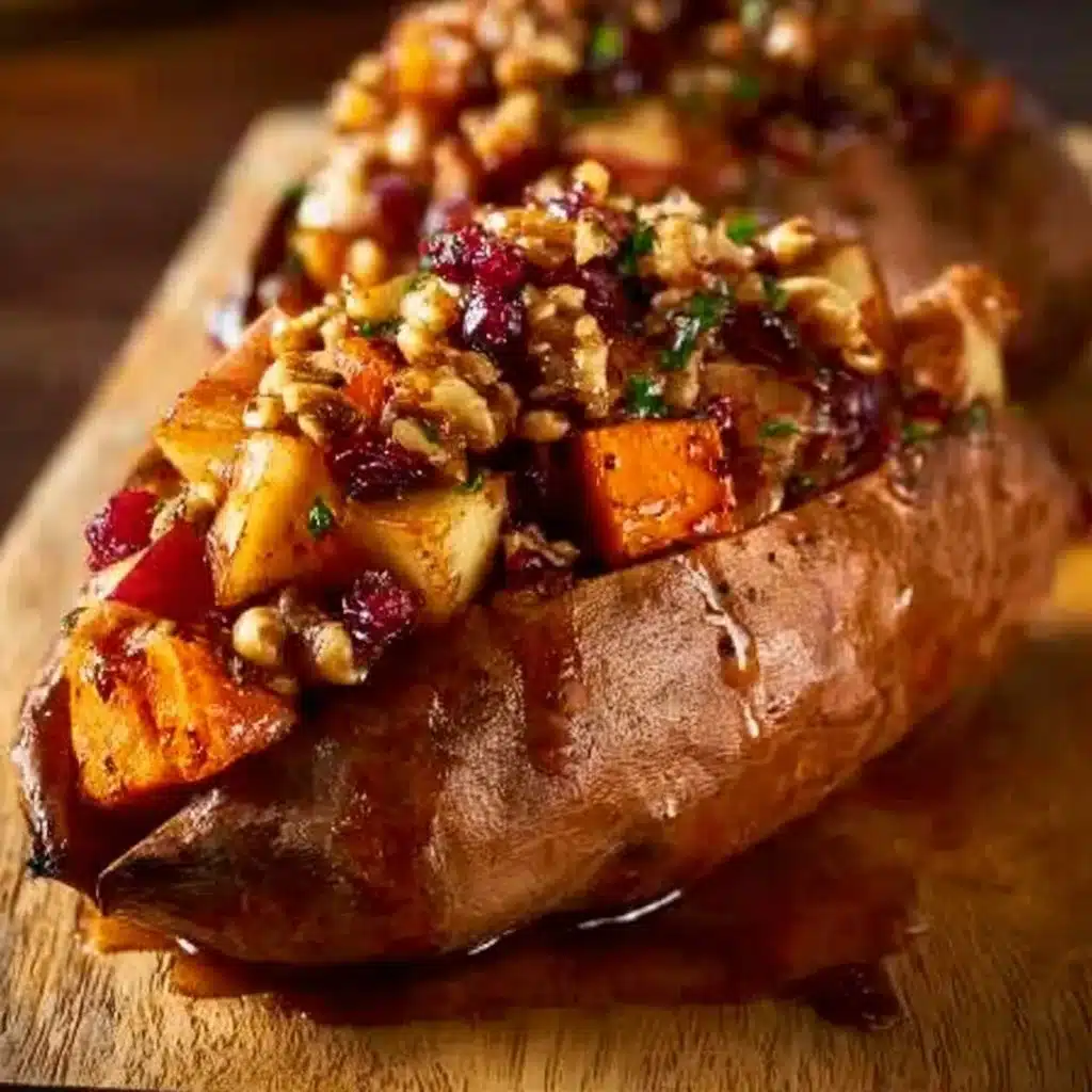 Stuffed sweet potatoes topped with warm spiced apples in a rustic dish.