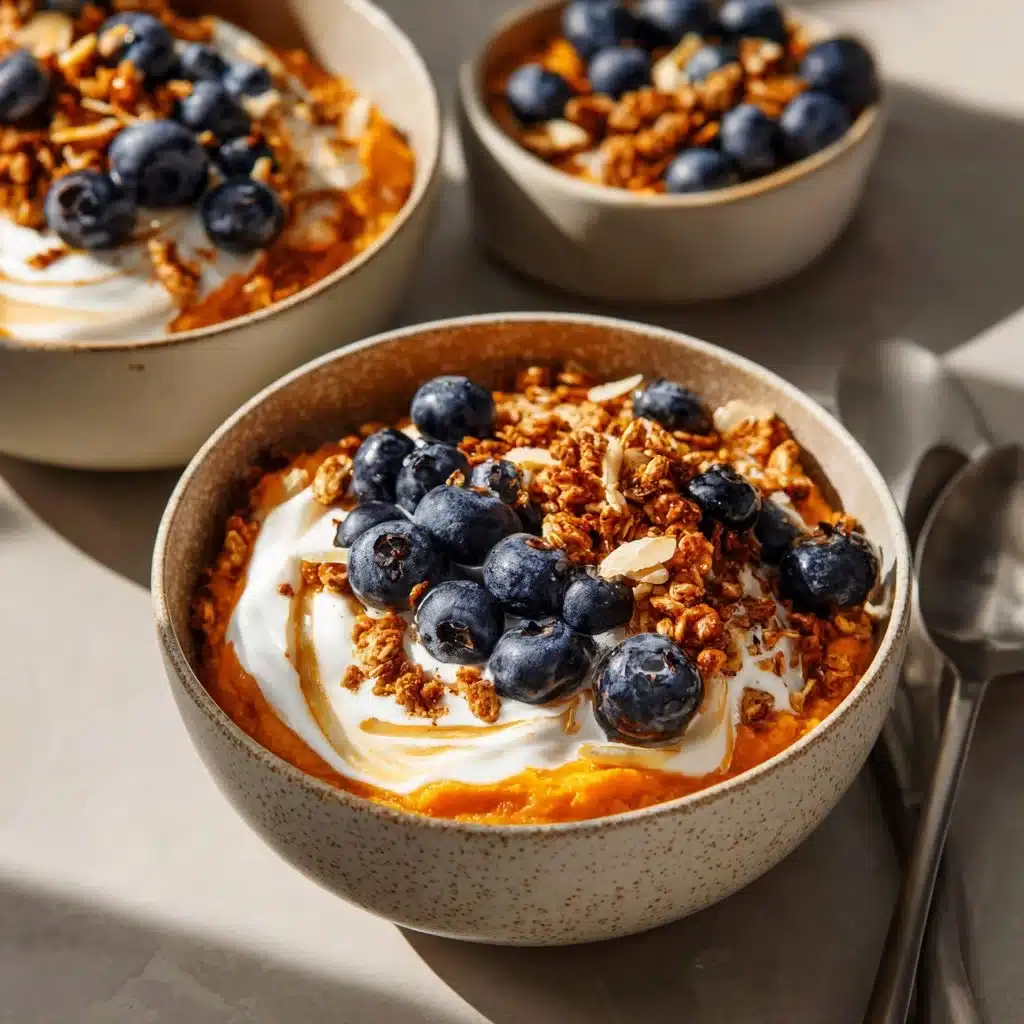 Sweet potato breakfast bowls topped with fresh fruits and nuts