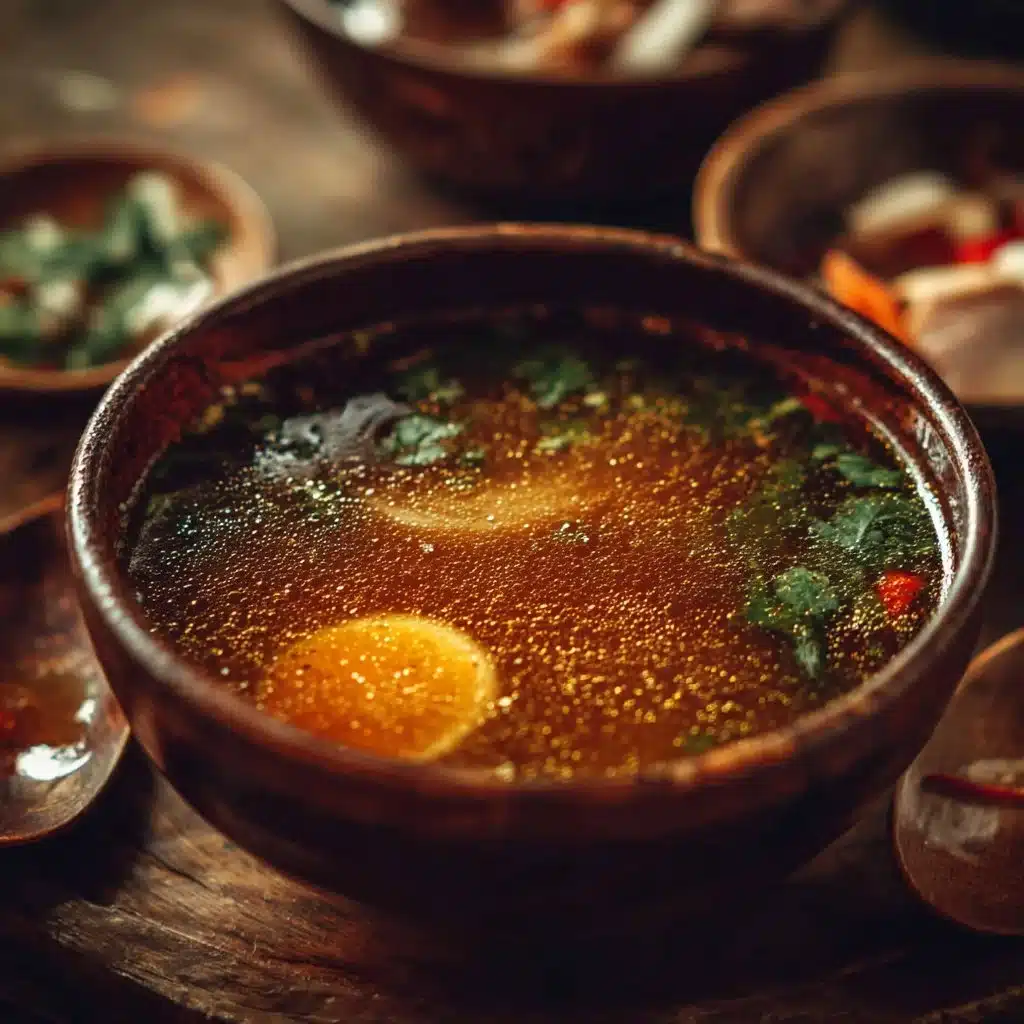 A bowl of delicious homemade Thai broth with herbs and spices