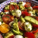 Tomato Cucumber Avocado Salad with mozzarella and basil pesto in a bowl