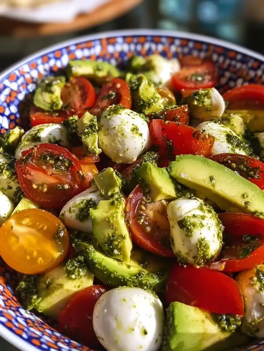 Tomato Cucumber Avocado Salad with mozzarella and basil pesto in a bowl