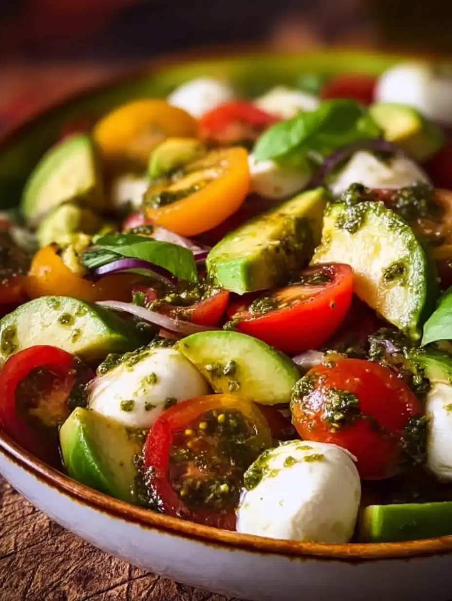 Tomato Cucumber Avocado Salad with Mozzarella and Basil Pesto