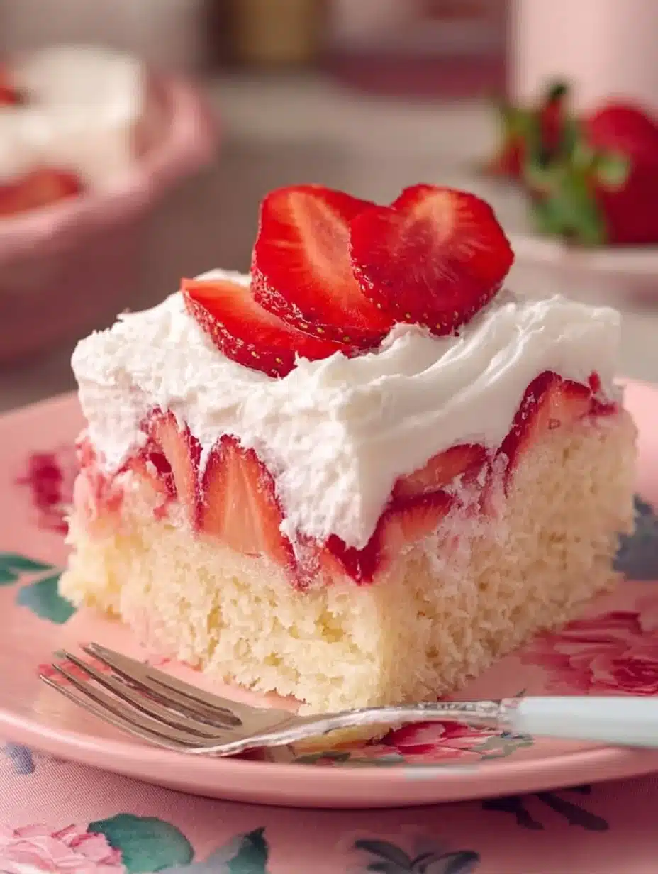 Valentine's Day Poke Cake with frosting and heart decorations