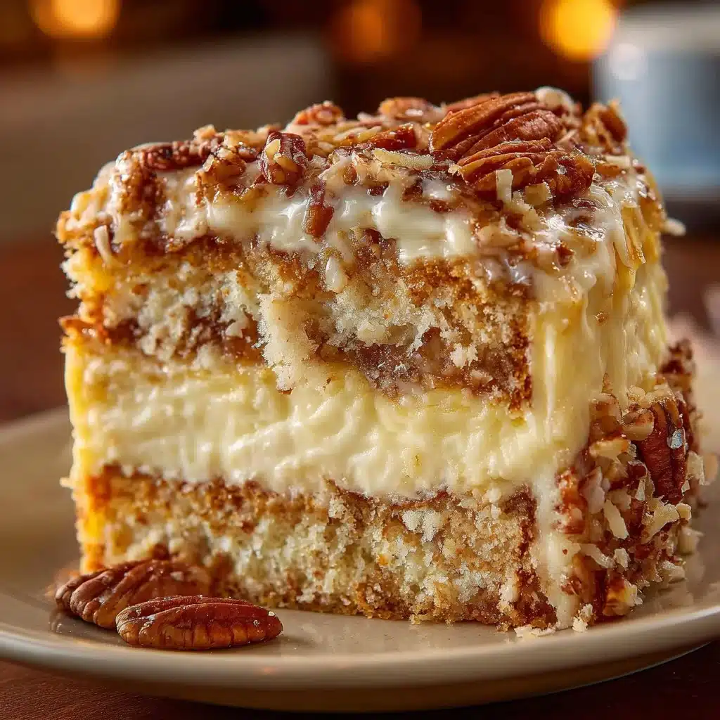 Delicious white German chocolate cake topped with coconut and pecans