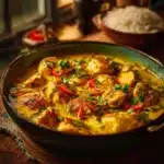 Plate of yellow pepper chicken garnished with herbs and spices