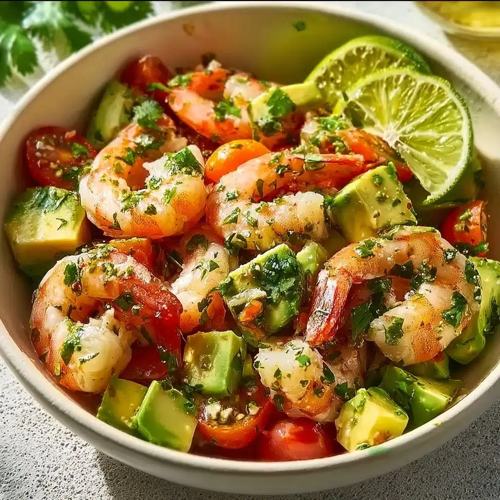 Zesty lime shrimp and avocado salad in a bowl with herbs