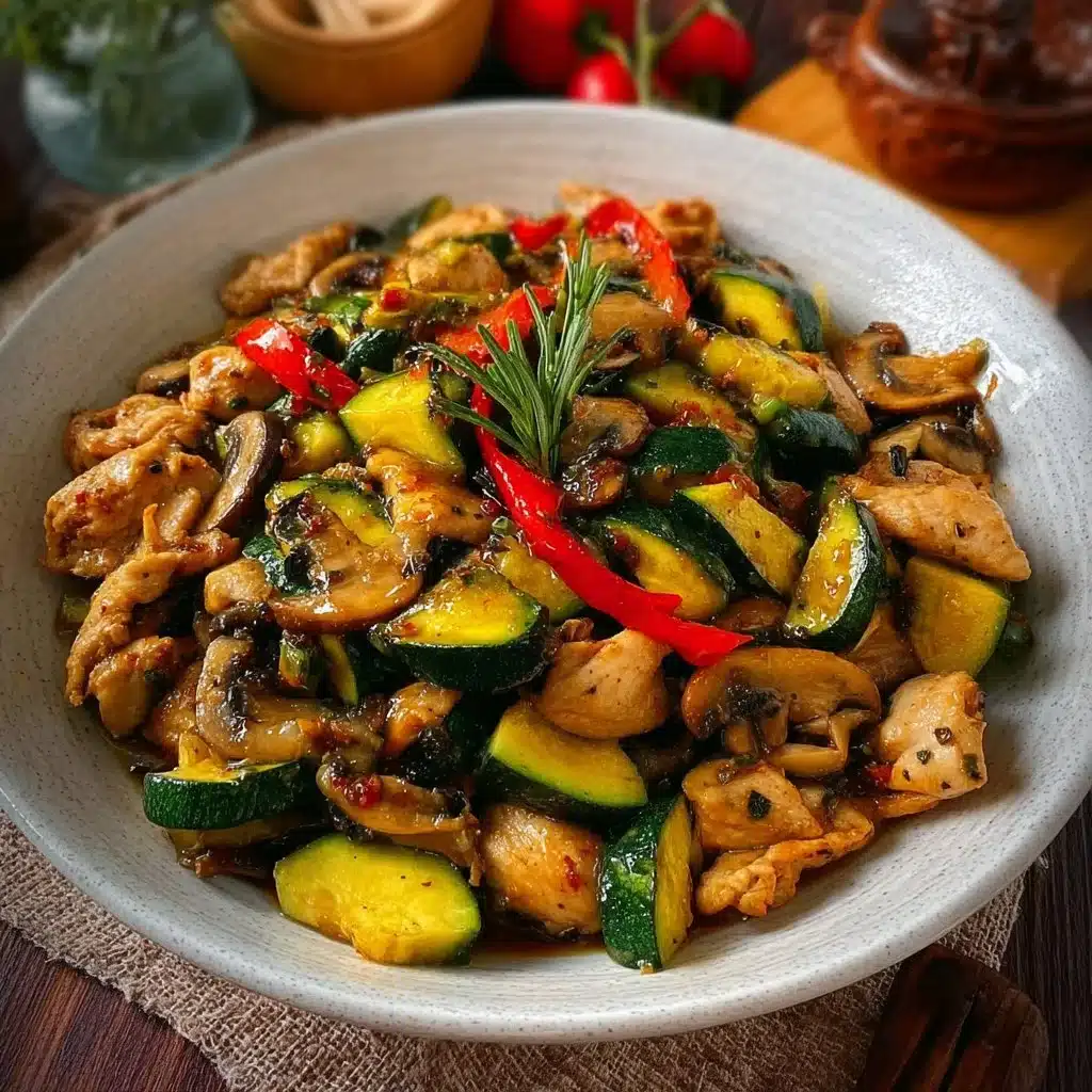 Zucchini Mushroom Chicken Stir Fry served in a vibrant skillet