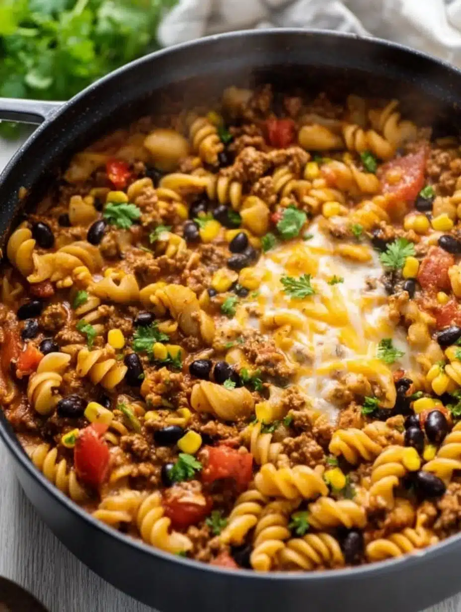 A delicious bowl of one-pot healthy taco pasta ready to serve.