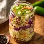 Bowl of vibrant spicy pickled slaw with colorful vegetables