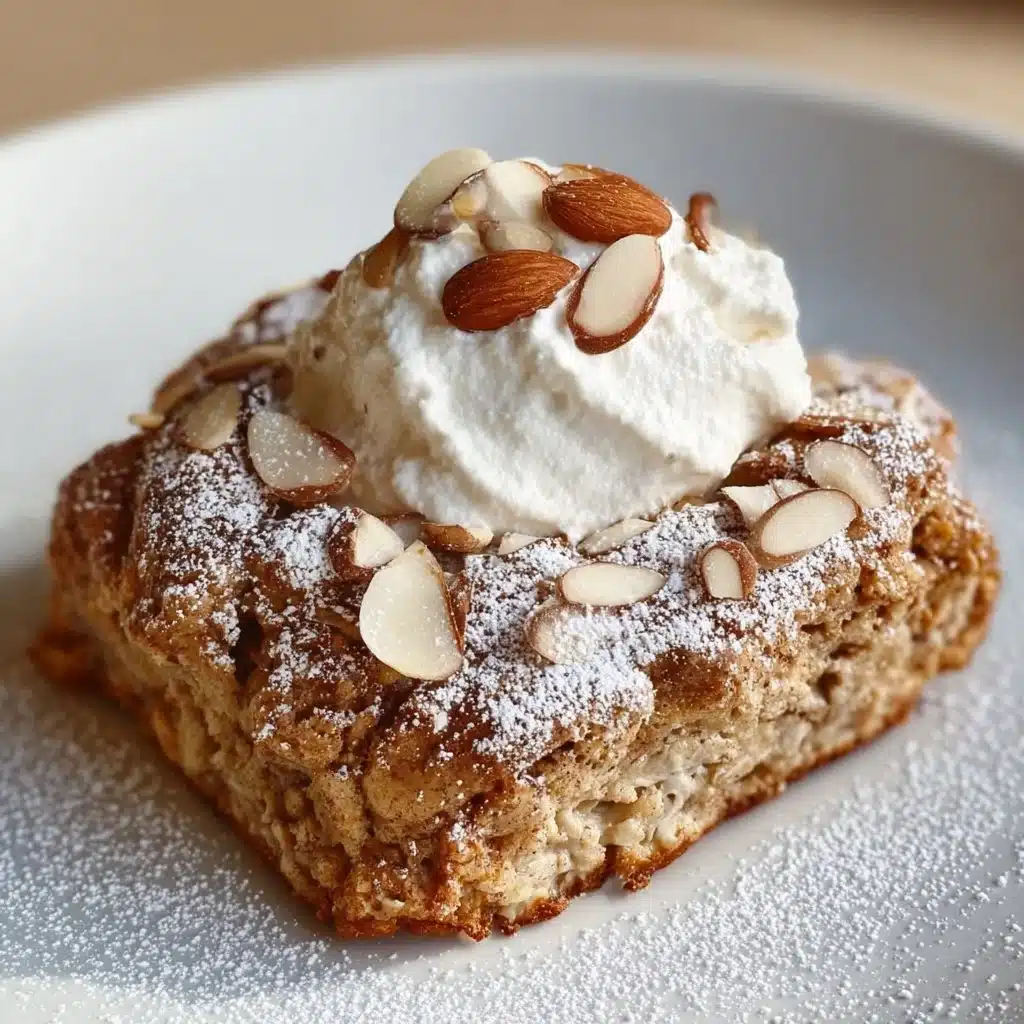 Almond Croissant Baked Oats topped with sliced almonds and drizzled with cream