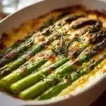 Delicious asparagus bake ready to serve, showcasing fresh asparagus and golden cheese.